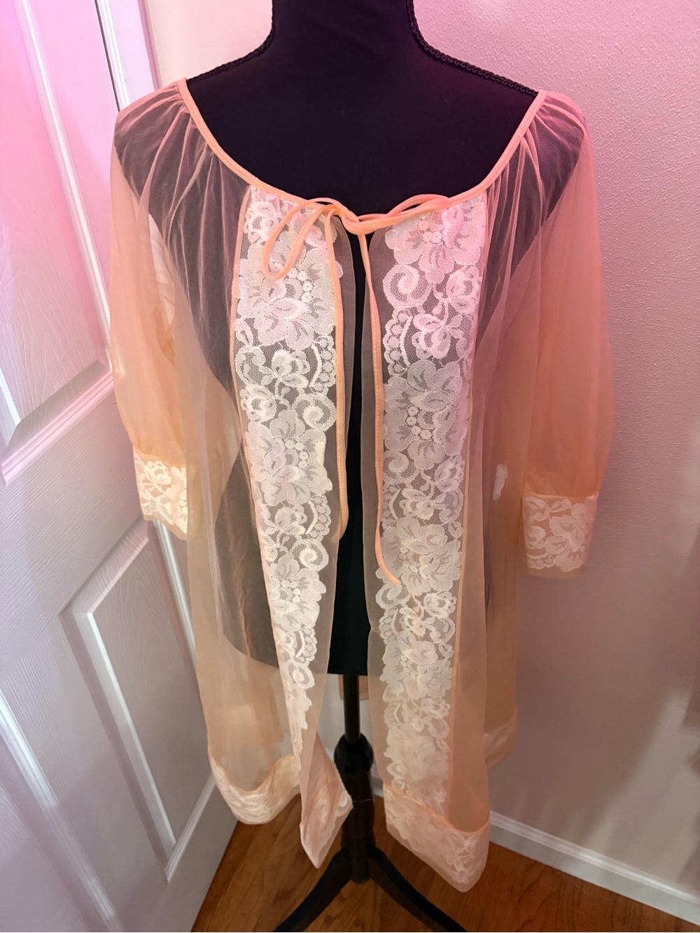 Vintage Sheer Peach Lace-Trim Robe